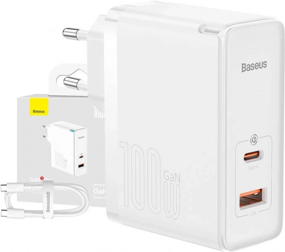 ładowarka baseus gan5 pro 100w z usb‑c i usb + kabel 1 m, biała