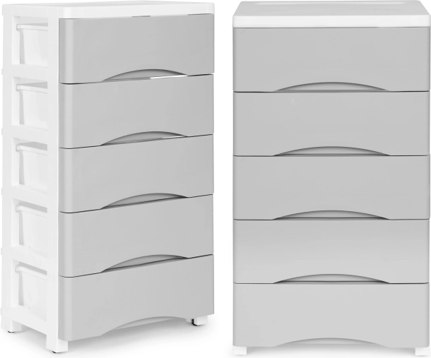 plastowa komoda z półkami na kółkach z 5 szufladami ModernHome, szara/biała