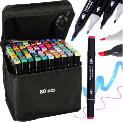 Dwustronne markery alkoholowe w etui z podstawką – 80