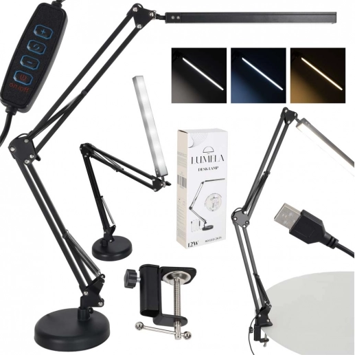 Biurkowa lampa LED z regulowanym ramieniem i USB, 2 sposoby montażu