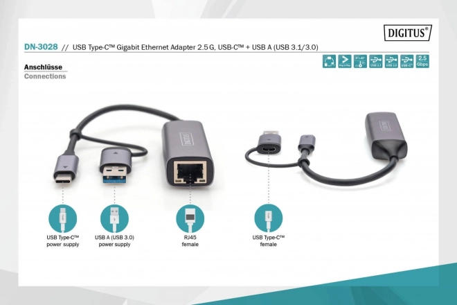 Digitus USB-C do USB-A adapter na RJ45 2.5 Gigabit Ethernet