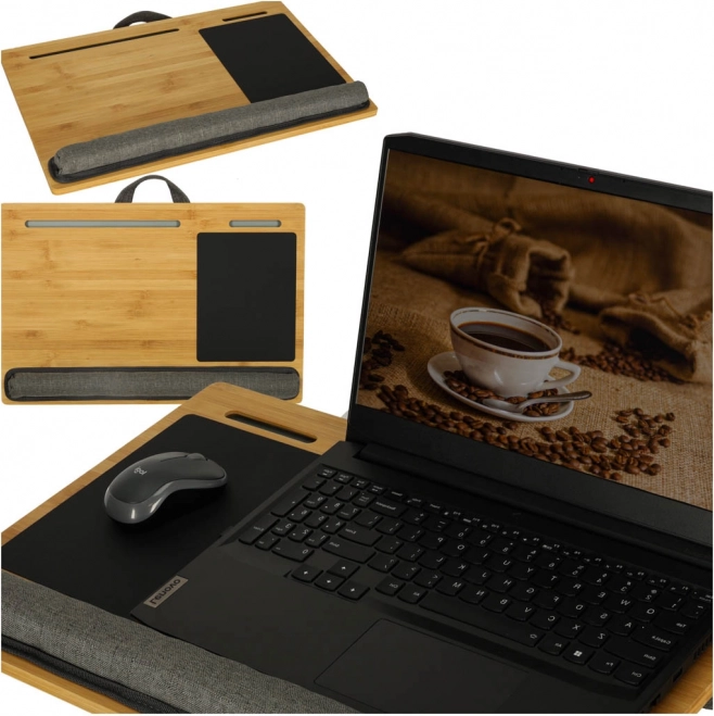 drewniany przenośny stolik na kolana z poduszką do laptopa