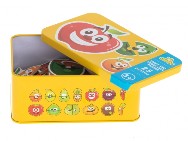 Puzzle z motywami owoców i warzyw w metalowym pudełku
