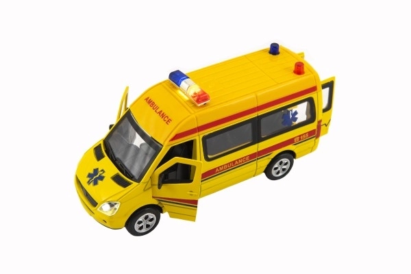 Auto ambulans metalowo/plastikowe 15cm na baterie ze światłem i dźwiękiem na mechanizm cofania 6 sztuk w pudełku