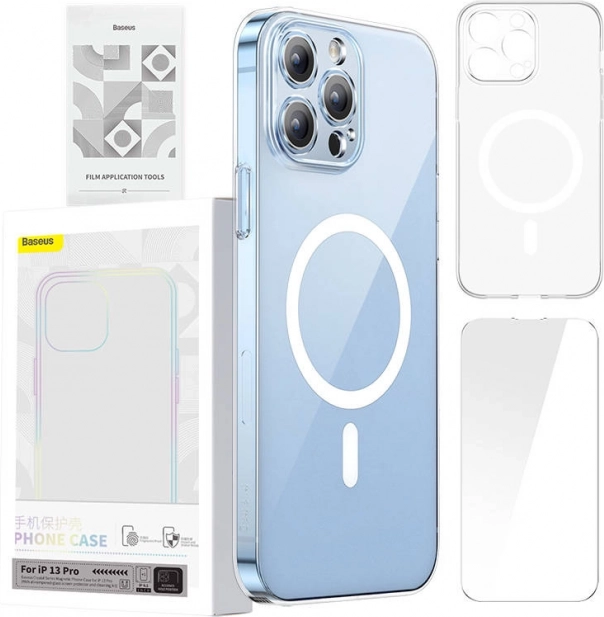 Baseus Magnetic Crystal Clear etui z MagSafe do iPhone 13 Pro + szkło hartowane i zestaw czyszczący