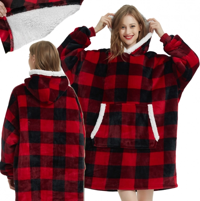 Ciepła Oversize Bluza z Kapturem w Kratkę