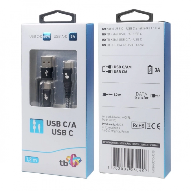 Kabel 2w1: USB-C i USB A o długości 1,2 m