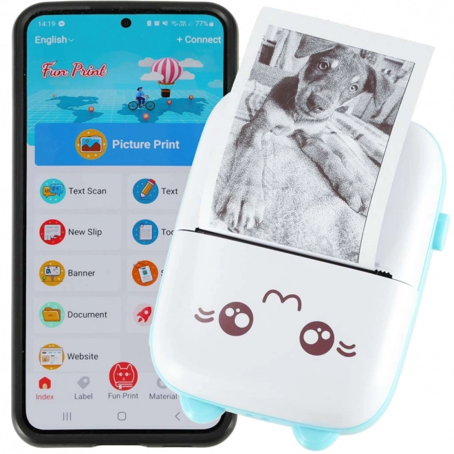 Mobilna mini drukarka na druk termiczny Kotek Niebieski