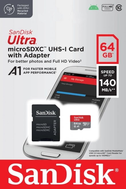Karta SanDisk Ultra microSDXC 64GB A1 z adapterem