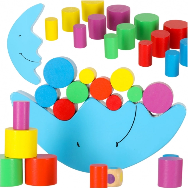 Montessori gra balansowa drewniany księżyc z kostką i kolorowymi blokami