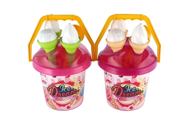 Zestaw do piasku plastikowy wiaderko + foremki lody 2 kolory w siatce 18x28x17cm 12m+