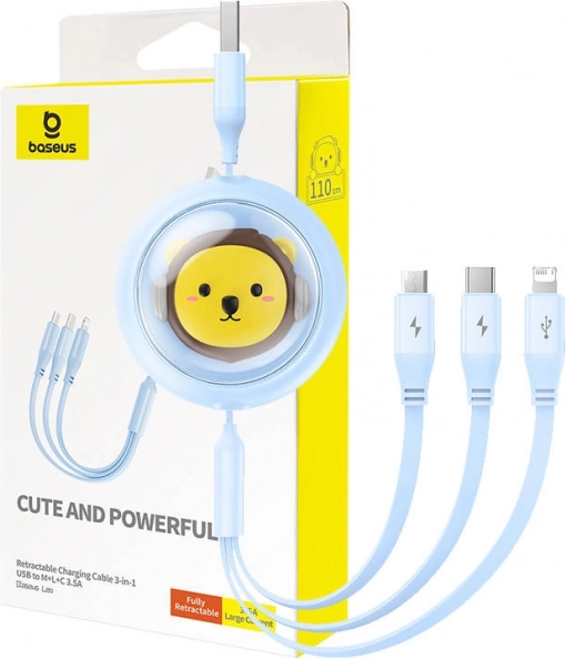 Wysuwany kabel ładujący 3w1 BASEUS USB do USB‑C, micro USB i Lightning 3,5 A, 1,1 m – niebieski