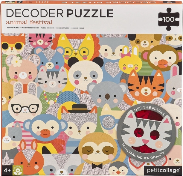 Petit Collage dekodujące puzzle Zwierzęcy festiwal z okularami 3D, 100 elementów