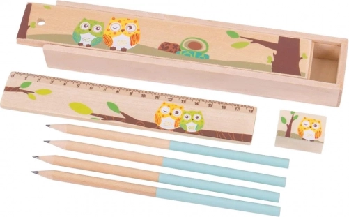 Drewniane piórnik z sówkami Bigjigs Toys – niebieski