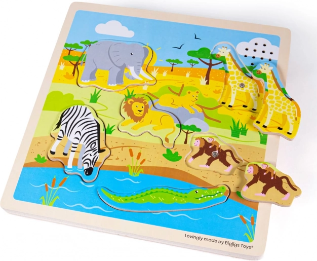 Drewniana gra puzzlowa Safari z efektami dźwiękowymi