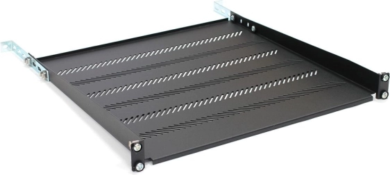 Półka do racka 19" 1U, 483 × 450 mm, czarna, perforowana z regulacją i podporą