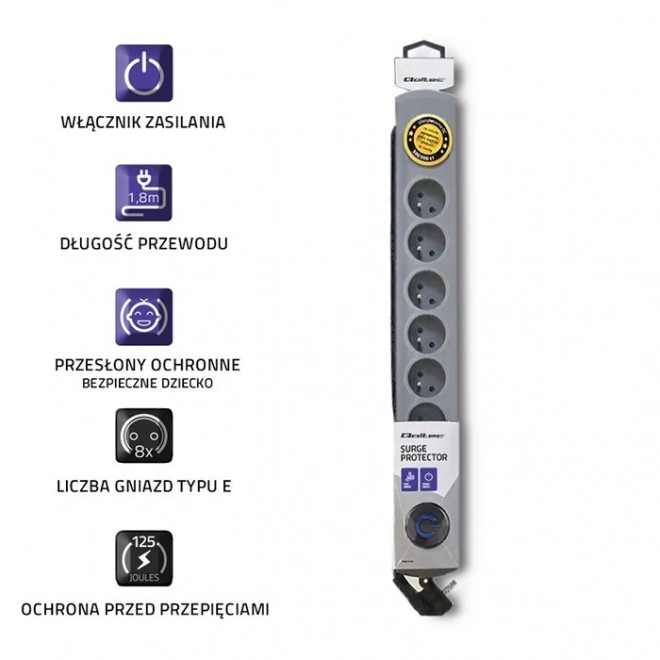 Ochrona przepięciowa Quick Switch, 8 gniazdek, 1,8 m, szara