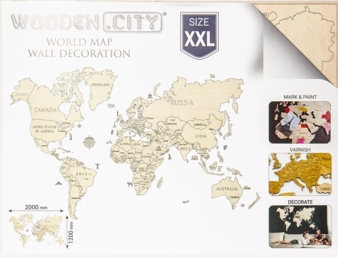 Drewniana mapa ścienna 3D świata XXL, naturalne kolory