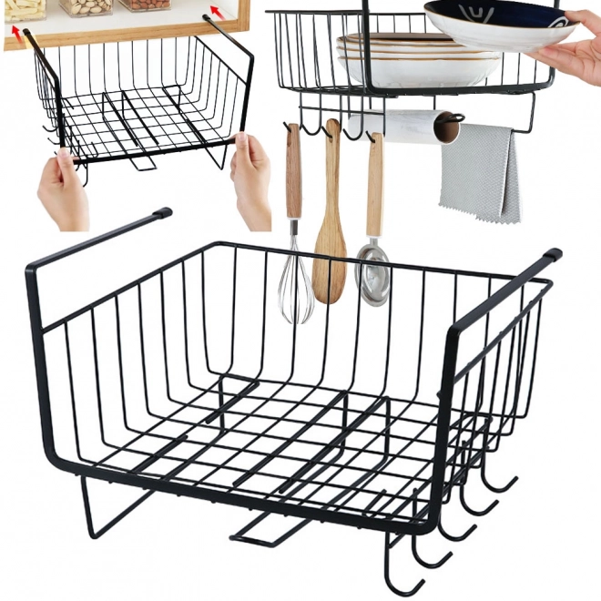 Wiszący metalowy organizer pod szafkę z 5 haczykami i uchwytem na papier czarny