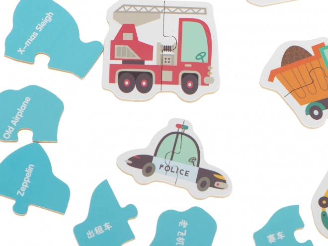 Puzzle z motywami środków transportu w metalowym pudełku