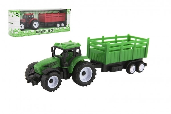 Traktor z przyczepą plastikowy 21cm na wolny bieg 2 kolory w pudełku 23x9x6cm