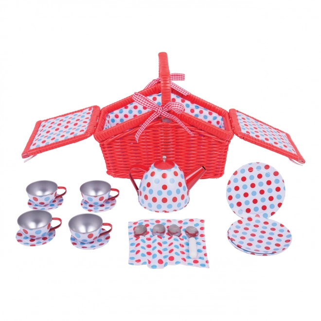 Bigjigs Toys Zestaw herbaciany w kropki w piknikowym koszu