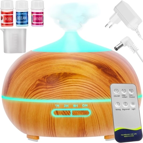 Dyfuzor aromatów i ultradźwiękowy nawilżacz 400 ml z jonizacją i LED, pilot + 3 olejki