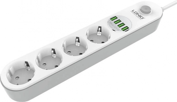 Przedłużacz przeciwprzepięciowy LDNIO z 4 gniazdami i 4 USB, 2 m, biały