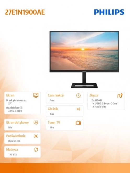 monitor Philips 27 cali 4K IPS HDMI USB-C z głośnikami