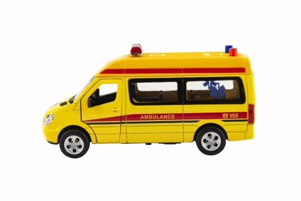 Auto ambulans metalowo/plastikowe 15cm na baterie ze światłem i dźwiękiem na mechanizm cofania 6 sztuk w pudełku