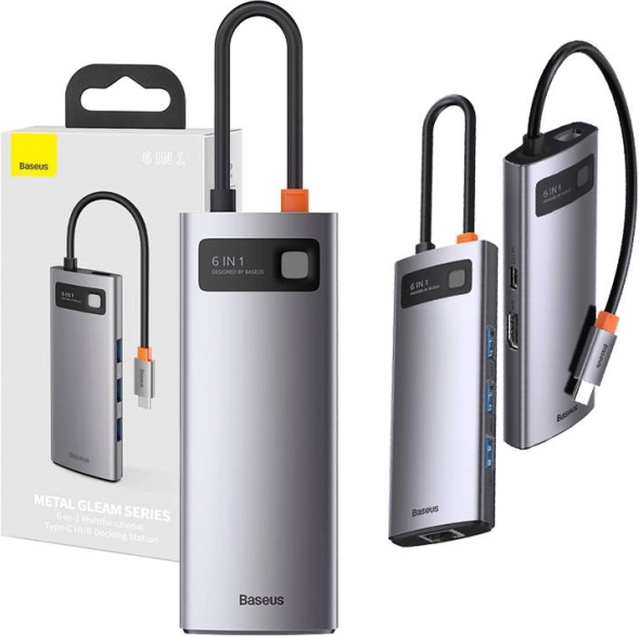 Hub USB‑C 6w1 Baseus Metal Gleam z HDMI, 3× USB 3.0, PD i gigabitowym Ethernetem