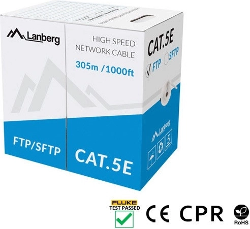 Kabel sieciowy SFTP Cat 5e 305 m, pełna miedź, szary