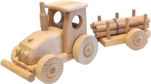 Drewniany traktor z przyczepą dla dzieci