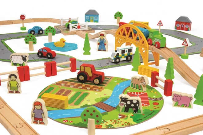 Bigjigs Rail Drewniana kolejka z wiejską drogą 80 części