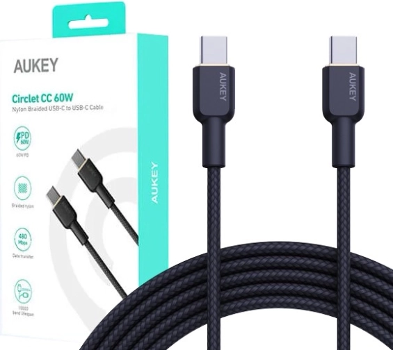 Aukey kabel USB‑C na USB‑C 1 m z nylonowym oplotem, 60 W PD, 3 A