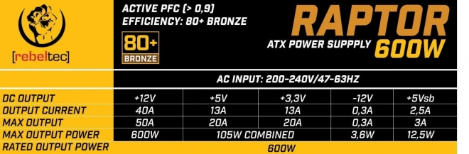 Zasilacz Rebeltec Raptor 600W Bronze 80+