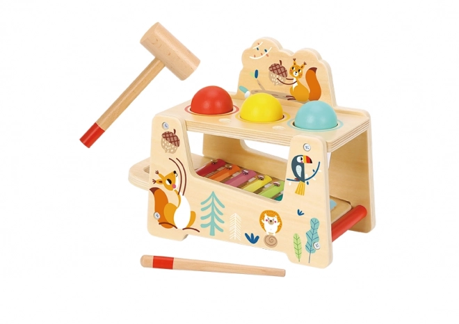 Drewniana zabawka 2 w 1 z instrumentem muzycznym i zwierzątkami