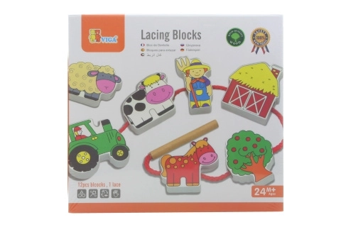 VIGA Drewniane Przewlekane Klocki Farmerskie Montessori