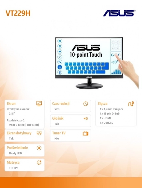 Monitor 21,5 cala FHD IPS Dotykowy 10P HDMI D-SUB USB Głośnik
