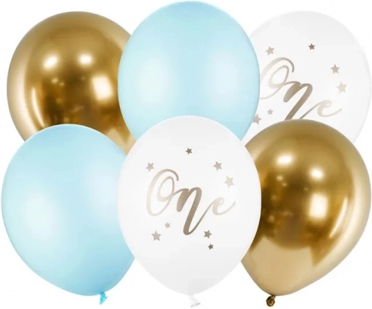 Balony urodzinowe One pastelowy jasnoniebieski i złoty 30 cm, 6 szt.
