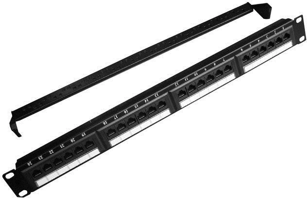 Patch panel 24 portów 1U 19'' Cat.5e z funkcją zarządzania kablami, czarny