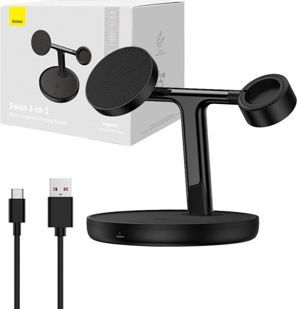 magnetyczna bezprzewodowa stacja ładująca BASEUS Swan 3 w 1, 15 W MagSafe, czarna