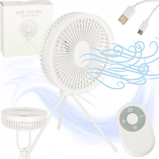 Bezprzewodowy biurkowy wentylator USB z pilotem i lampką LED, 4 prędkości, 18 cm, biały