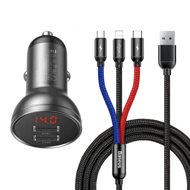 Ładowarka Samochodowa Baseus z Wyświetlaczem i Kablem USB 3w1 24W
