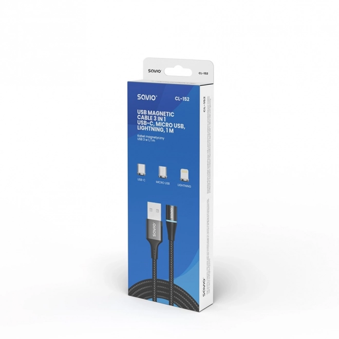 Magnetyczny kabel USB Savio 3w1 typ C, Micro i Lightning, czarny, 1m
