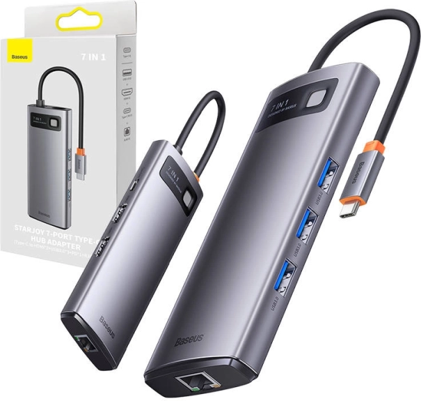 Baseus hub USB‑C 7w1 metal gleam (3× USB 3.0, HDMI, VGA, Ethernet RJ45, PD 100 W)