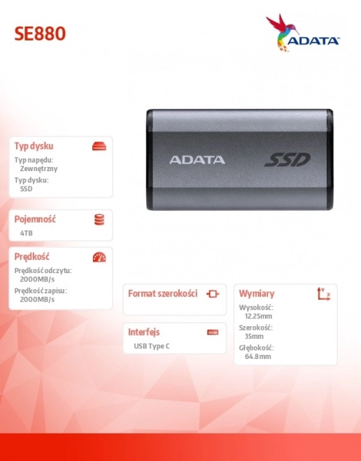 Zewnętrzny dysk SSD ADATA SE880 4TB USB 3.2 Gen2x2