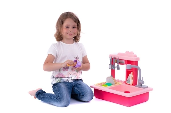 Zlew do mycia naczyń różowy + kran na wodę na baterie plastik z dodatkami w pudełku 46x28x12cm