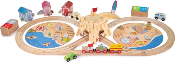 Drewniana kolejka BIGJIGS RAIL sprzątanie wybrzeża, 70 elementów
