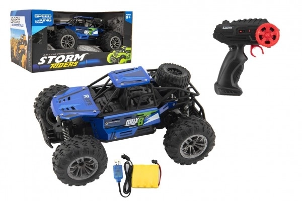 Auto RC buggy terenowe niebieskie 22cm plastikowe 2,4GHz na baterie + paczka do ładowania w pudełku 32x16x18cm